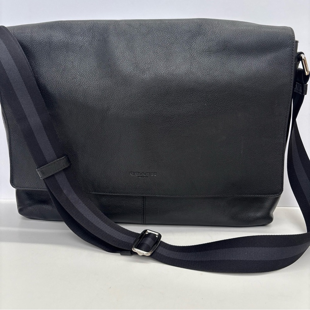 Coach Black Leather Messenger with Striped Webbing Strap